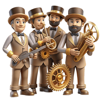 magnificent artistic A group of steampunk musicians playing brass instruments with integrated gears and pipes, stage lighting, art nouveau style authentic png