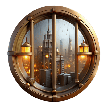 impressive contemporary A steampunk cityscape viewed through a rain-streaked window, warm interior lighting reflecting on the glass, impressionistic style 4K png