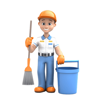 A man in a white shirt and blue pants is holding a broom and a bucket. isolated on transparent background png