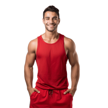 Fit man in a red tank top and red shorts is smiling. isolated on transparent background png