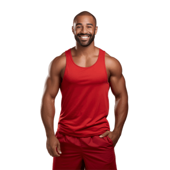 black fit man in a red tank top and red shorts is smiling. isolated on transparent background png
