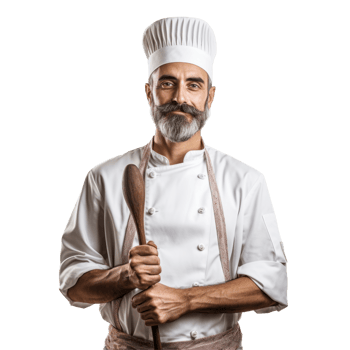A man in a chef's uniform holding a wooden spoon. isolated on transparent background png
