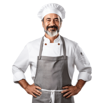 chef is wearing a white apron and a white hat. isolated on transparent background png