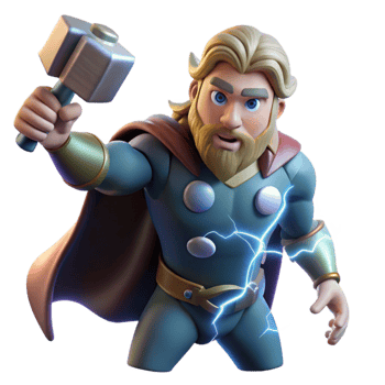 extraordinary contemporary Thor, the Norse god of thunder, wielding Mjolnir amidst a raging thunderstorm, lightning illuminating his muscular form. Dramatic, cinematic lighting.... png