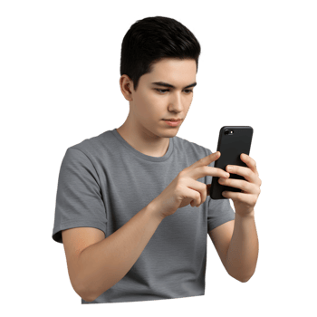 Young Man Using Smartphone Grey Shirt Casual Style Modern Technology Boy Apps Hand Media Mobile png