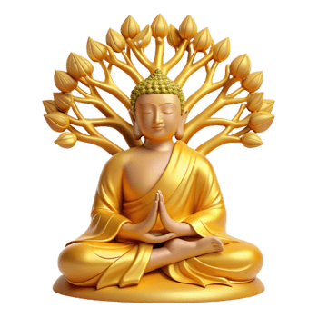 serene vintage A serene Buddha meditating beneath the Bodhi tree, bathed in golden light, intricate details in the folds of his robes. Traditional Eastern art style detailed png