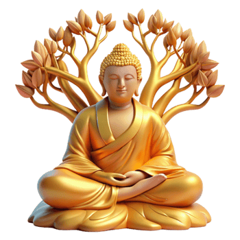 impressive minimalist A serene Buddha meditating beneath the Bodhi tree, bathed in golden light, intricate details in the folds of his robes. Traditional Eastern art style authentic png