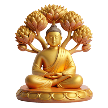 magnificent traditional A serene Buddha meditating beneath the Bodhi tree, bathed in golden light, intricate details in the folds of his robes. Traditional Eastern art style original png