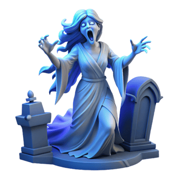 impressive artistic A chilling depiction of a Banshee wailing in a windswept graveyard, her ethereal form illuminated by an eerie blue light. Gothic horror style detailed png