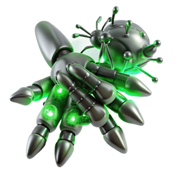 vibrant abstract A swarm of nanobots, resembling shimmering, silver insects, coalesces into the shape of a human hand, illuminated by pulsating, bioluminescent green light.... png
