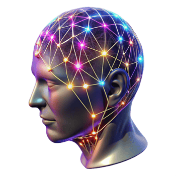 stunning classic A transparent human head, filled with intricate networks of glowing, neural pathways, illuminated by vibrant, multi-colored lights.... png