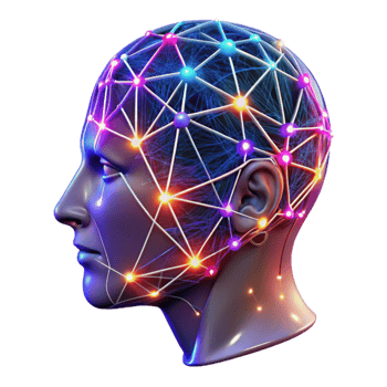 beautiful creative A transparent human head, filled with intricate networks of glowing, neural pathways, illuminated by vibrant, multi-colored lights.... png