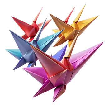 beautiful artistic A flock of origami cranes taking flight, vibrant colors, crisp folds, soft lighting 4K png