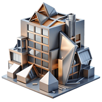 beautiful vintage Deconstructivist office building, fragmented forms, metallic surfaces, dramatic lighting, abstract, authentic png