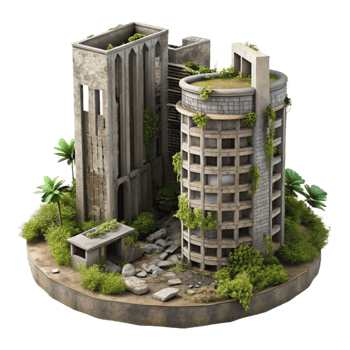 stunning classic Post-apocalyptic ruins of a skyscraper, overgrown with vegetation, dusty atmosphere, muted colors, dystopian, high resolution png