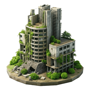 extraordinary rustic Post apocalyptic ruins of a skyscraper, overgrown with vegetation, dusty atmosphere, muted colors, dystopian, original png