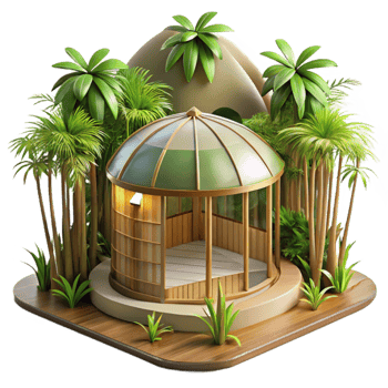 elegant modern Bamboo and glass eco house, lush tropical setting, warm natural light, sustainable design, photorealistic, 4K png