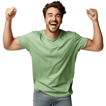 A man is smiling and holding his arms up in the air. isolated on transparent background png
