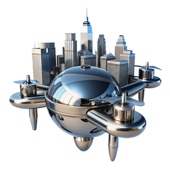 dramatic creative A futuristic cityscape reflected in the mirrored surface of a sleek, chrome drone, sharp, high contrast lighting, futuristic minimalist style high resolution png