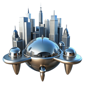 elegant minimalist A futuristic cityscape reflected in the mirrored surface of a sleek, chrome drone, sharp, high contrast lighting, futuristic minimalist style professional png