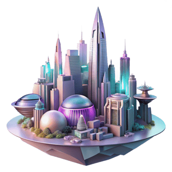 serene minimalist A towering, chrome megacity, Art Deco inspired architecture, with flying vehicles weaving through neon-lit canyons. Volumetric lighting creates a hazy atmosphere.... png