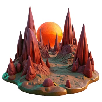 beautiful minimalist A desolate, alien landscape of jagged crimson rock formations beneath a double sunset of emerald and gold. Ambient lighting, surreal style authentic png