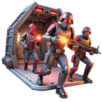 impressive artistic A group of space pirates, armed with laser pistols, boarding a derelict spaceship, illuminated by flashing red alert lights. Dramatic, cinematic lighting, gritty style detailed png