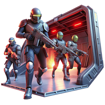 extraordinary abstract A group of space pirates, armed with laser pistols, boarding a derelict spaceship, illuminated by flashing red alert lights. Dramatic, cinematic lighting, gritty style 4K png