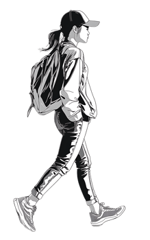 Stylish girl walking, grayscale illustration. png