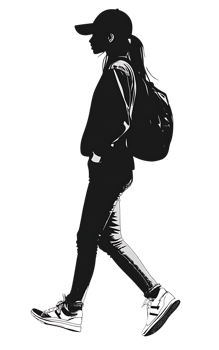 Stylish girl walking, monochrome illustration png