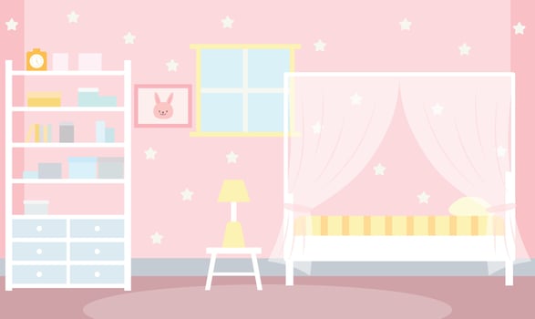 Flat Design Illustration of Cute Pink Bedroom Landscape for Kid Little Girl with Girly Decorative vector