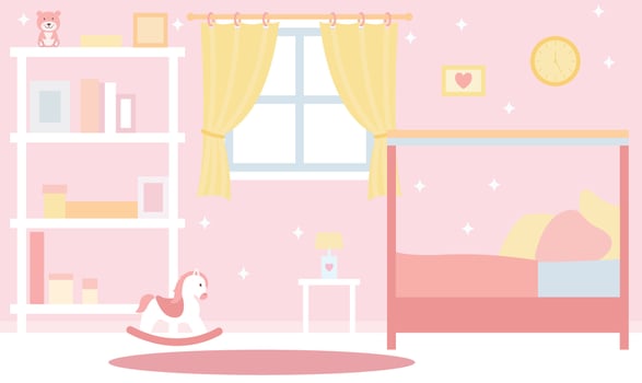 Flat Design Illustration of Adorable Pink Bedroom Landscape for Kid Little Girl with Girly Decoration vector