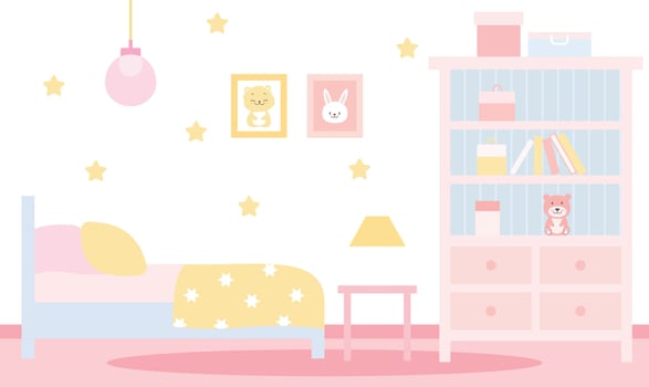 Flat Design Illustration of Funny Pink Bedroom Landscape for Kid Little Girl with Girly Decoration vector