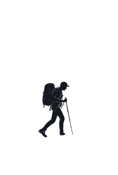 Silhouette of a hiker walking with a backpack and trekking poles. png
