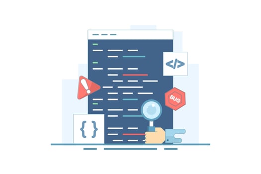 Bug report concept. Magnifying glass for bugs dancing in computer software programs. Bug report magnifying bugs Computer Virus Protection Bug Tracker Tool on Website. Illustration on background. vector