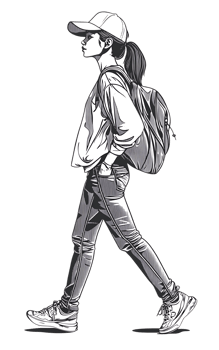 Stylish girl walking, grayscale art. png