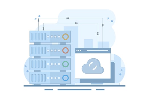 Data Server Concept . Laptop with Data Server. Cloud computing. Data storage protection, computing science disk services, connection innovation. Illustration Design on background. vector