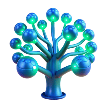 serene abstract A bioluminescent tree with data flowing through its branches, vibrant blue and green hues, soft ambient lighting, fantasy style 4K png