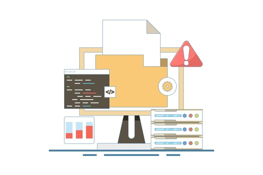 Server Error Fixing Concept, Website code, Bug fix, Server problem fix, Coding and programming, Website security, Server security, Software update. Flat cartoon design illustration on background. vector