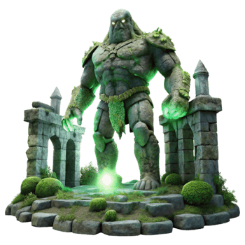 wonderful vintage impressive traditional A colossal, stone golem covered in glowing moss standing guard over a ruined temple, soft, moonlight, dark fantasy art style high quality professional png