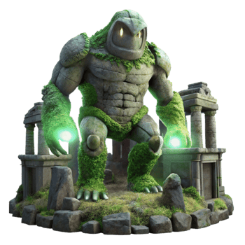 stunning traditional elegant classic A colossal, stone golem covered in glowing moss standing guard over a ruined temple, soft, moonlight, dark fantasy art style premium professional png