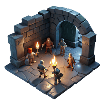 stunning contemporary beautiful classic A group of adventurers exploring a dark, cavernous dungeon lit by flickering torches, dramatic chiaroscuro lighting, Dungeons Dragons style high quality... png