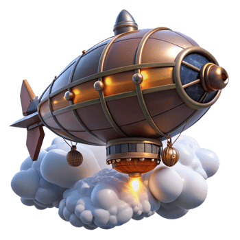 impressive vintage impressive creative A whimsical, steampunk airship soaring through a cloudy sky, dramatic backlighting, Hayao Miyazaki style 4K high quality png