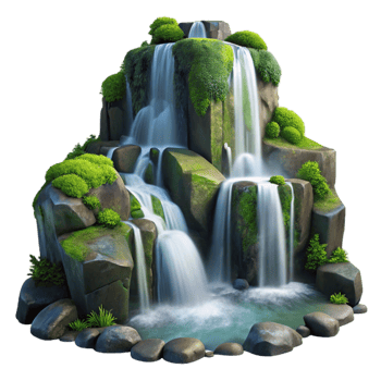 magnificent contemporary elegant vintage A cascading waterfall flowing over moss-covered rocks, long exposure, ethereal lighting, romantic style premium professional png