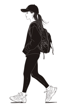 Stylish girl walking, line art illustration. png