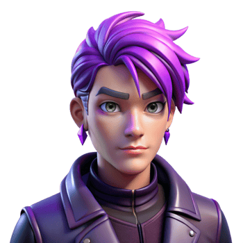 serene minimalist stunning artistic Portrait of an androgynous person with short, vibrant purple hair and multiple piercings, wearing a leather jacket and a defiant expression.... png