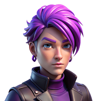 impressive modern serene classic Portrait of an androgynous person with short, vibrant purple hair and multiple piercings, wearing a leather jacket and a defiant expression.... png