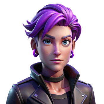 stunning traditional serene modern Portrait of an androgynous person with short, vibrant purple hair and multiple piercings, wearing a leather jacket and a defiant expression.... png