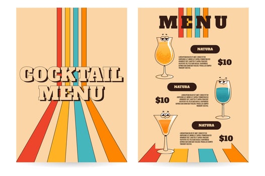 Retro groovy character summer drinks. Cocktail menu with cute fruit beverage in glasses. illustration for bar, pub, cafe, club, restaurant vector