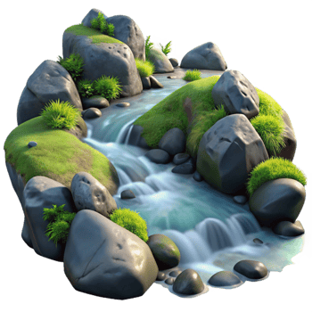 serene modern wonderful traditional A crystal-clear mountain stream flowing over smooth, moss-covered rocks, illuminated by dappled sunlight, in a realistic, nature documentary style professional 4K png